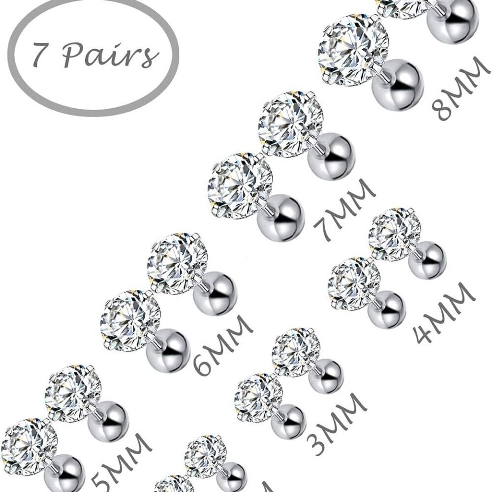 7 Pairs 18G 20G Stainless Steel Stud Earrings Round Cubic Zirconia Barbell Earri - Picture 3 of 7